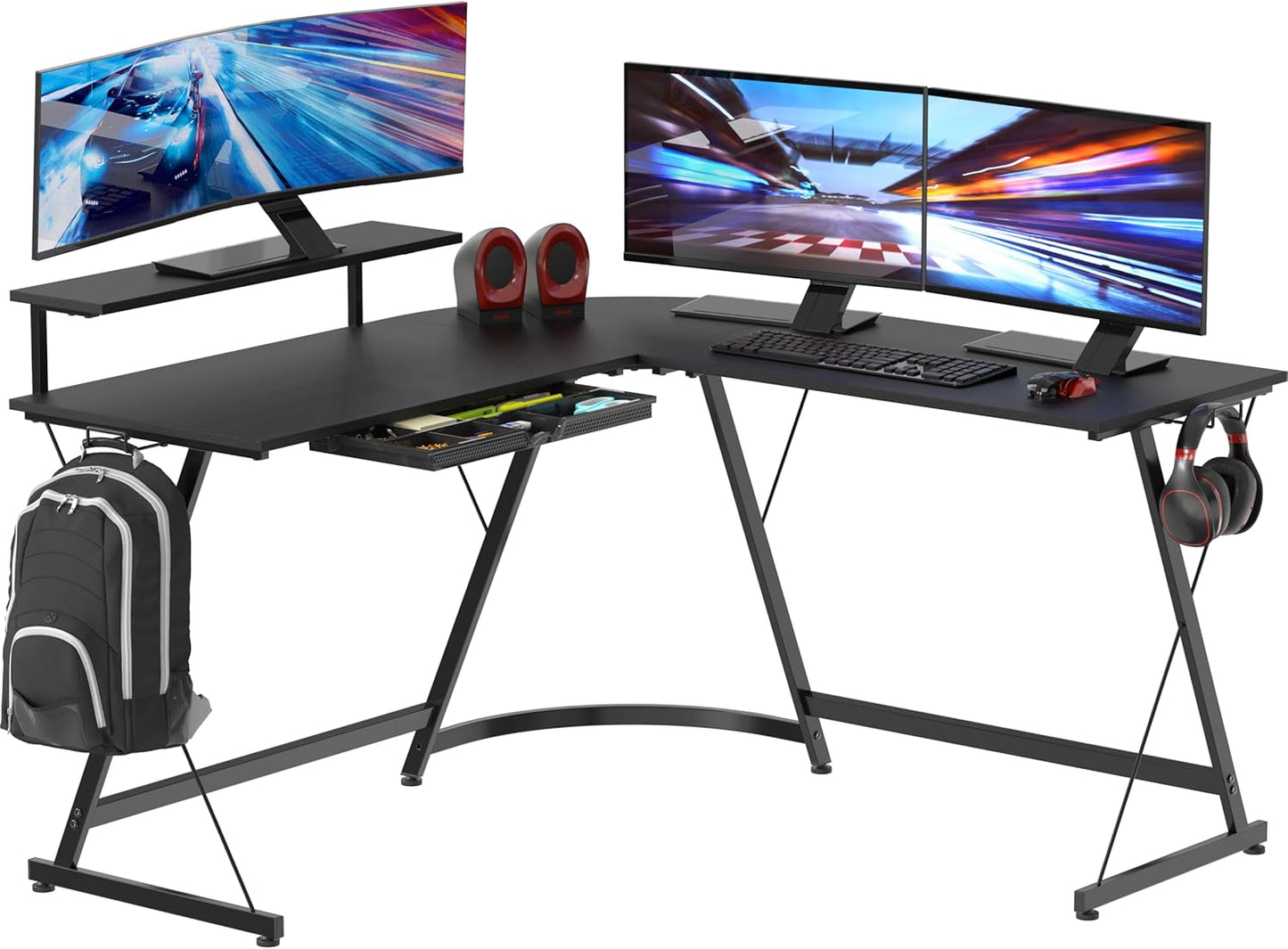 SHW 51 x 51 Inches Vista L-Shaped Desk with Monitor Stand and Drawer, Black