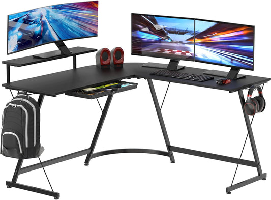 SHW 51 x 51 Inches Vista L-Shaped Desk with Monitor Stand and Drawer, Black