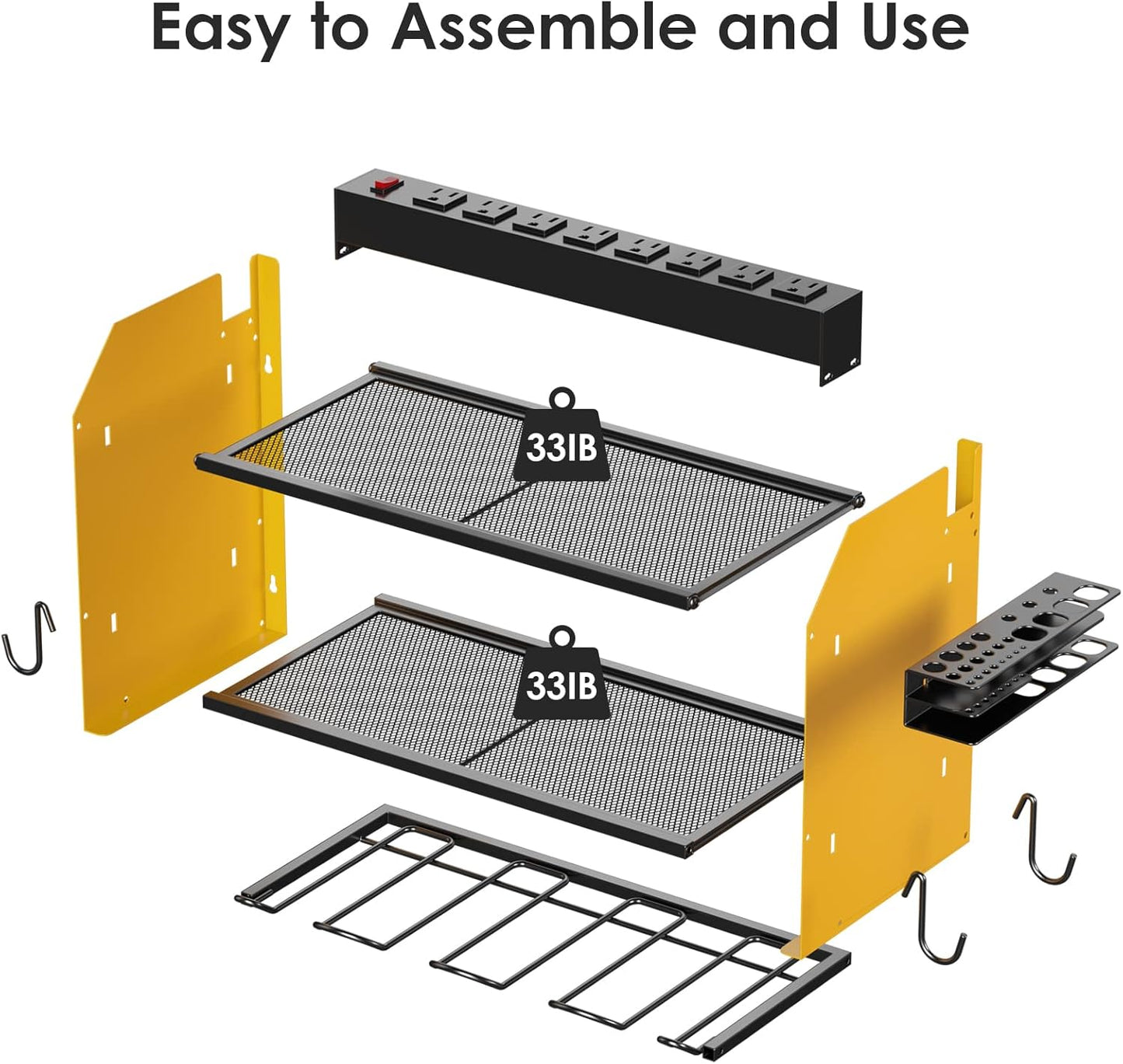 CCCEI Modular Power Tool Organizer Wall Mount with Charging Station. Garage Drill Storage Shelf with Hooks, Heavy Duty Rack, Tool Battery Holder Built in 8 Outlet. Gift for Men. Yellow, 1 Pack.