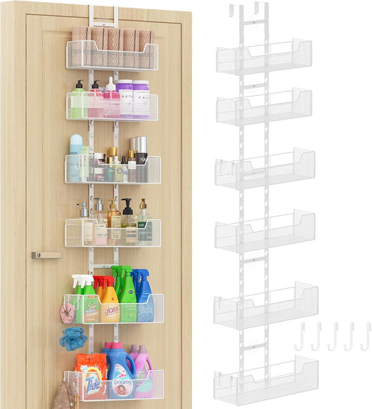 Hongtamoya Over The Door Organizer, Metal Hanging Door Organizer with 6 Adjustable Baskets and 5 Hooks, Behind The Door Storage for Closet Pantry Cabinet Kitchen Bathroom Bedroom, White