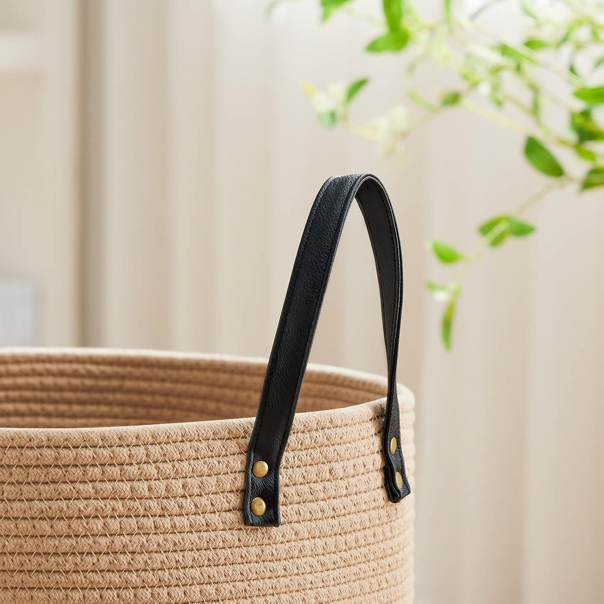 VIPOSCO 72L Tall Woven Rope Laundry Hamper, Leather Handles, Brown & Black
