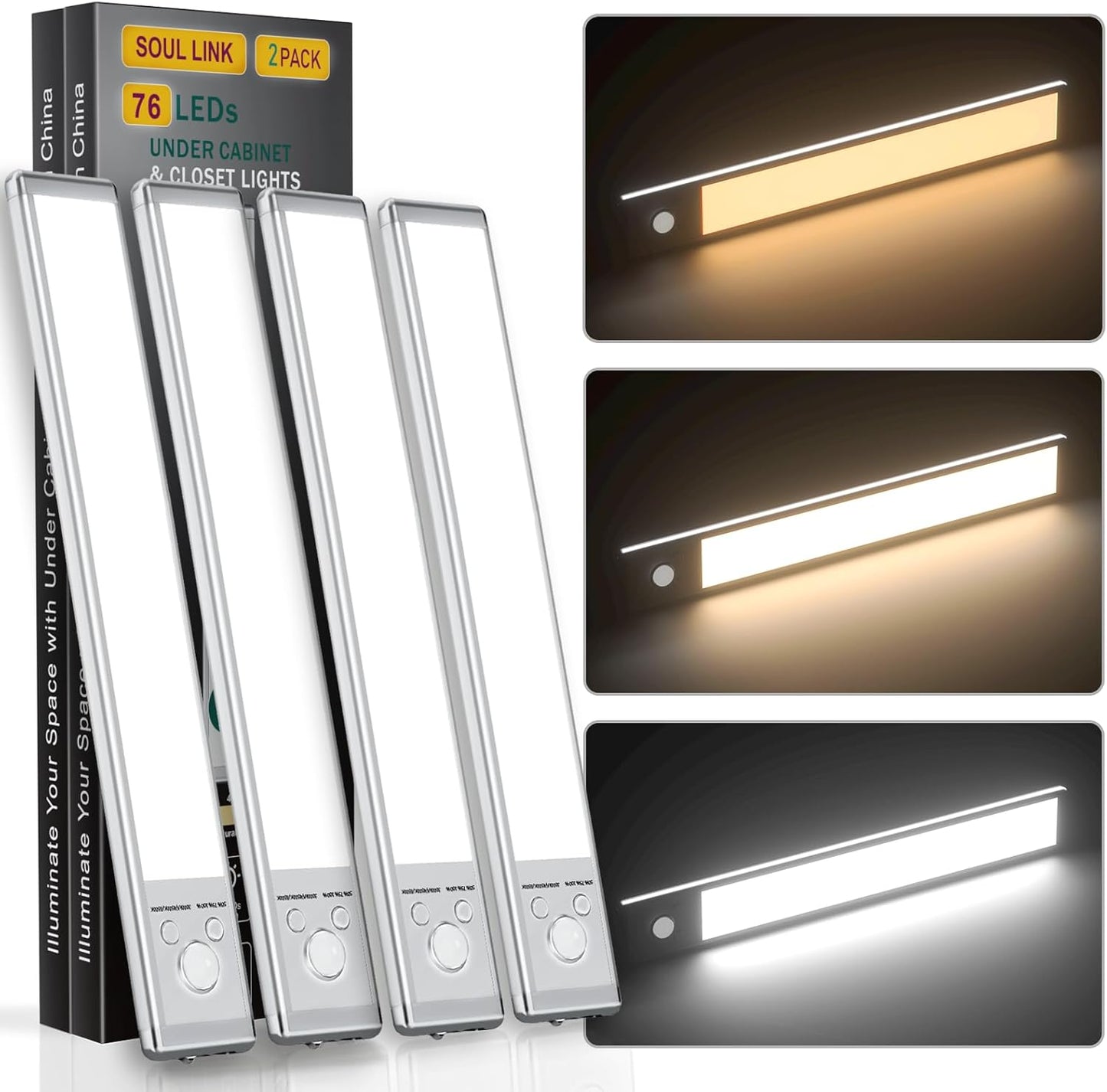 Under Cabinet Lights,76 LED Operated Motion Sensor Light Indoor,1500mAh USB Rechargeable Closet Lights, 2 Pack Magnetic Dimmable Closet Lights，Wireless Under Counter Lights for Kitchen, Stairs