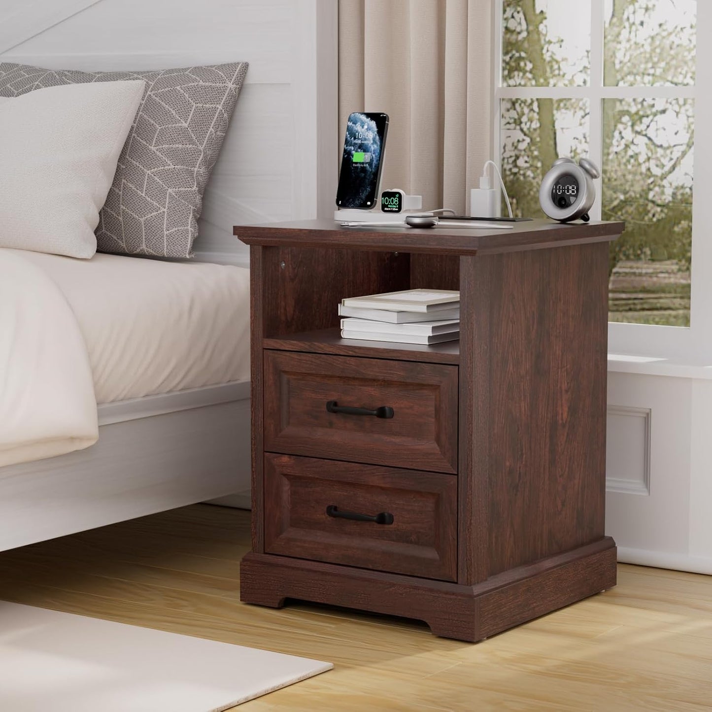 HOMMPA Farmhouse Nightstand w/Charging Station, Open Shelf 23.6''H Cherry