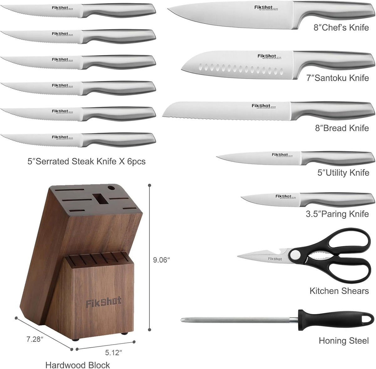 FIKSHOT 14 Pieces Knife Block Set German Stainless Steel with Block, Razor-Sharp Santoku Knives, Fruit & Kitchen Knives, Rust Resistant for Homecooks (Silver + Walnut)