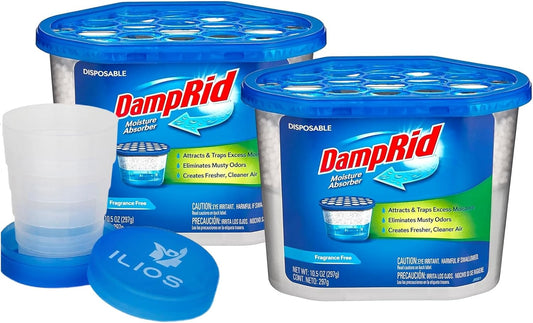 Damp Rid Moisture Absorber – Fragrance Free Odor Eliminator & Humidity Absorber for Closet, Bathroom & Basement, 2 Pack 10.5 oz Disposable Buckets– Ilios Packaging