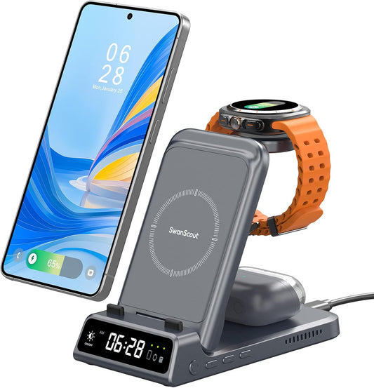 Charging Station for Samsung S26 Ultra, Wireless Charger for Galaxy S26/S25/S24/S23 Series, Galaxy Watch (Not for Watch 9/Ultra 2), Galaxy Buds 3 Pro/3, SwanScout 703S (No Adapter)