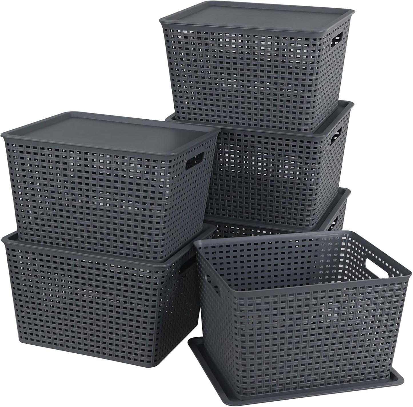 Anbers 6 Pack Plastic Weave Storage Basket with Lid, Dark Grey