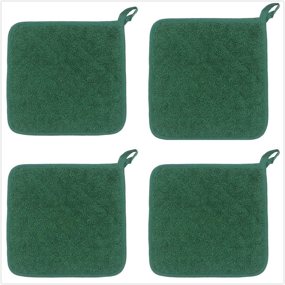 Cotton Pot Holders Cotton Made Machine Washable Heat Resistant Everyday Kitchen Basic Terry Pot Holder, Hot Pads, Trivet for Cooking and Baking Set of 4 (Dark Green)