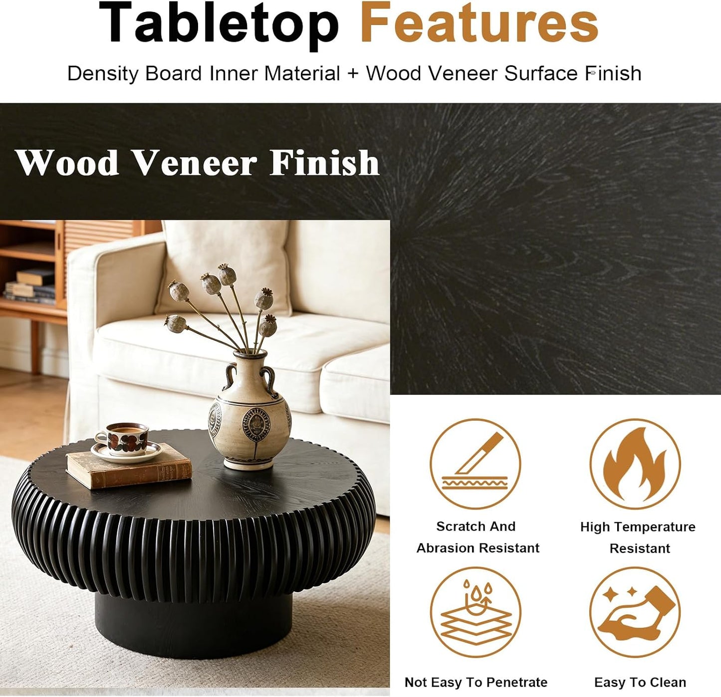 31 inch Black Round Fluted Coffee Table for Living Room (G, 1PC) | Mid Century Modern Style, Drum Shape, Low Circle Center Table, Wood Fluted Stripes, For Small Spaces, Easy to Assemble
