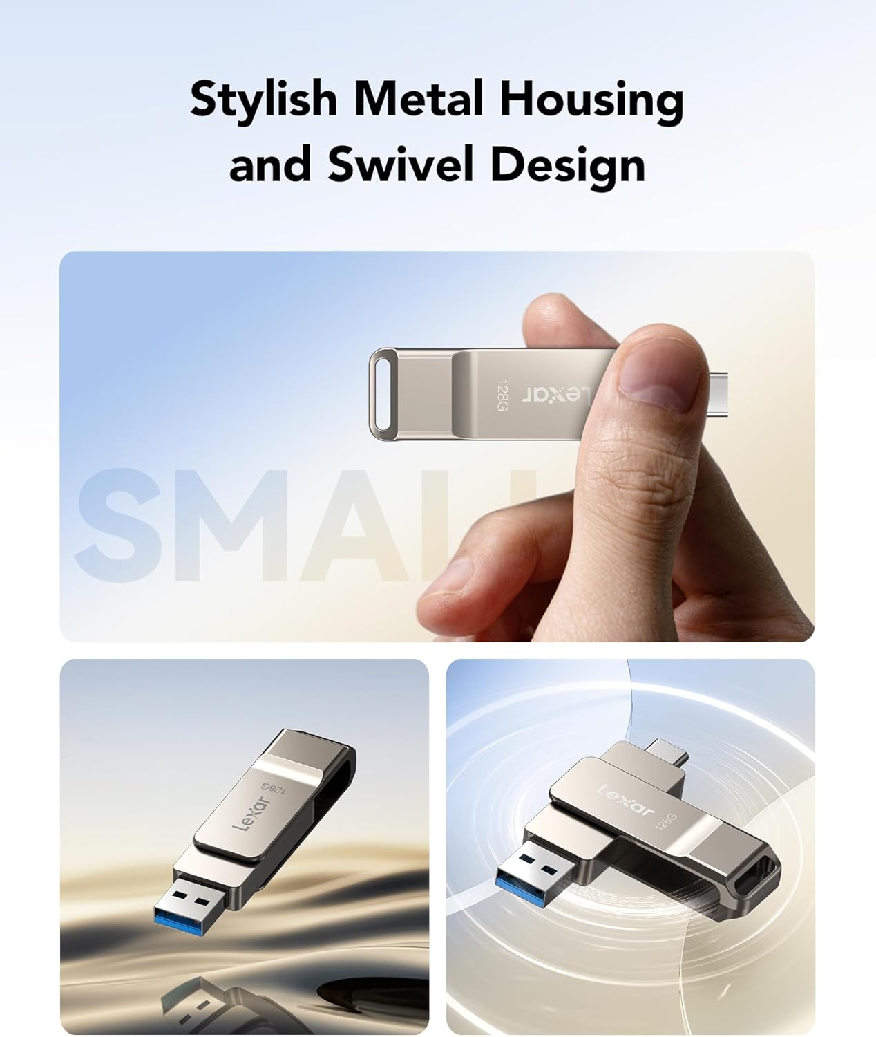 Lexar D40E 128GB Dual USB 3.2 Gen 1 Type-C Jump Drive, USB-C Flash Metal Housing Swivel Design Thumb Drive(Champagne Silver)