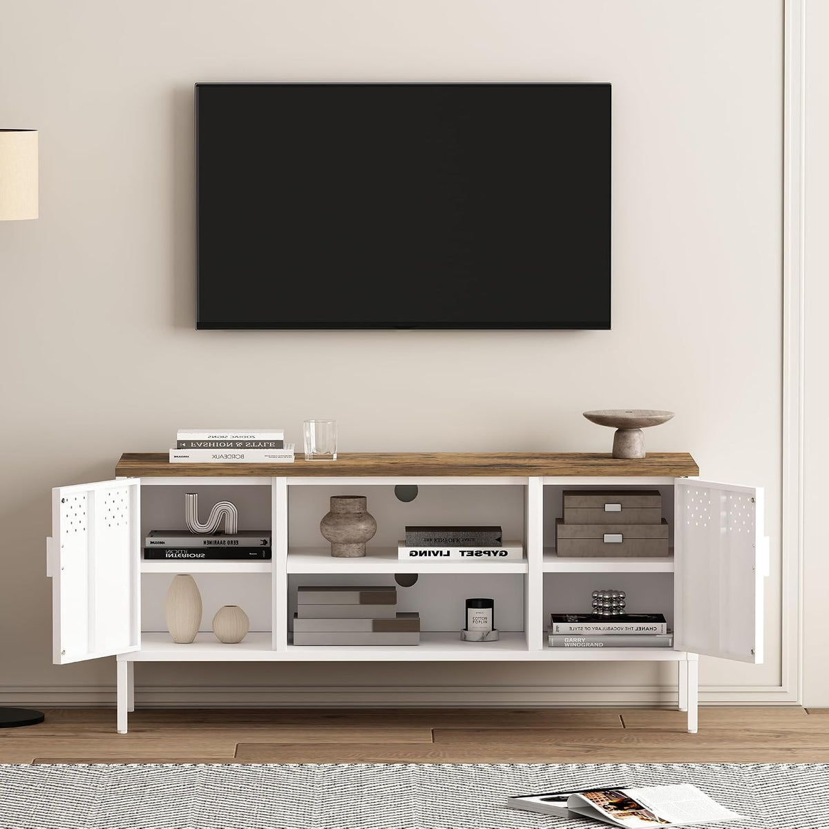 Manhattan Comfort Landen 47" Modern Metal TV Stand with Storage Cabinets & Open Shelves, Holds Up to 40" Screen, TV Console with Natural Wood Top, Cable Management, Adjustable Legs, White