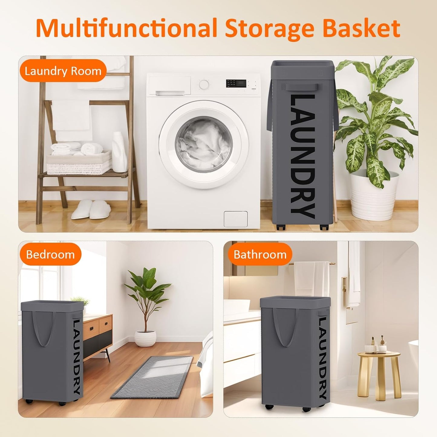 Optish Laundry Basket with Wheels, 90L Rolling Laundry Hamper with Wheels, Large Clothes Hamper on Wheel with Removable Mesh Bag for Bedroom, Bathroom, Dorm, Grey