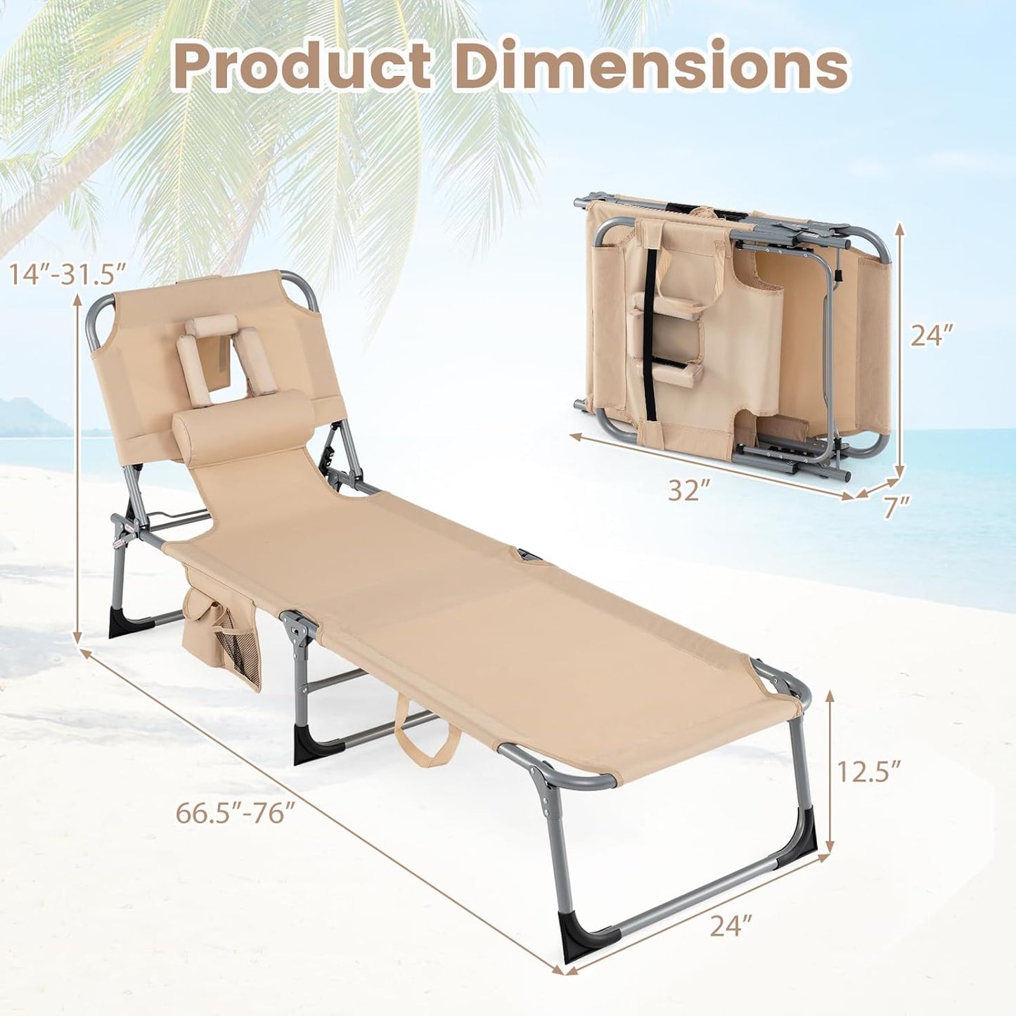 COSTWAY Tanning Chair with Face Hole, Folding Beach Lounge Chair with 4-Position Adjustable Backrest, Pillow & Side Pocket, Foldable Chaise Lounge Chair Outdoor for Sunbathing, Camping (1, Beige)