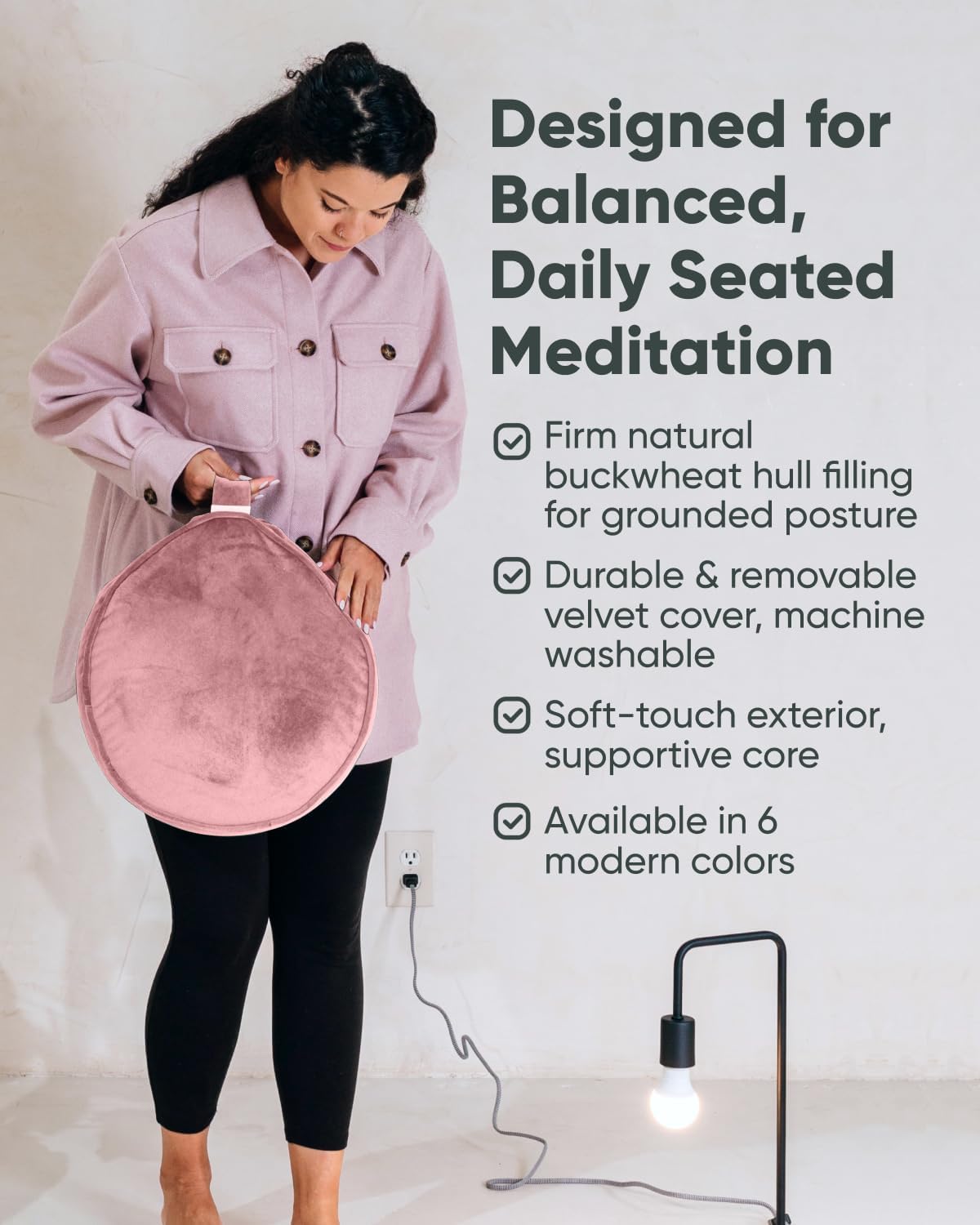 Mindful Modern Velvet Meditation Cushion | Luxe Zafu Yoga Floor Pillow Seat | Posture Support | Buckwheat Hull Filled | Large Round Cushion with Removable Washable Cover + Carry Handle