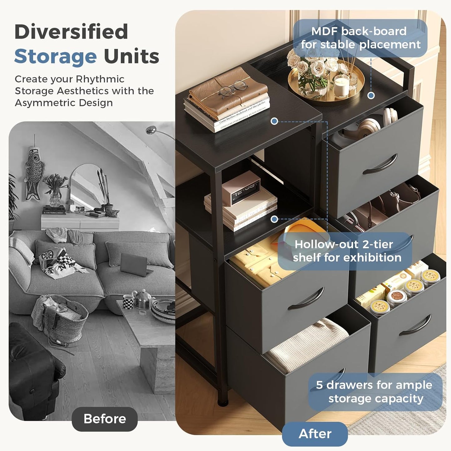 DUMOS TV Stands for Bedroom with 5 Drawers, 5-Drawer Chest of Drawers with Raised Shelf, Storage Tower with Fabric Bins for Closet Organization, Hallway Storage, Ash