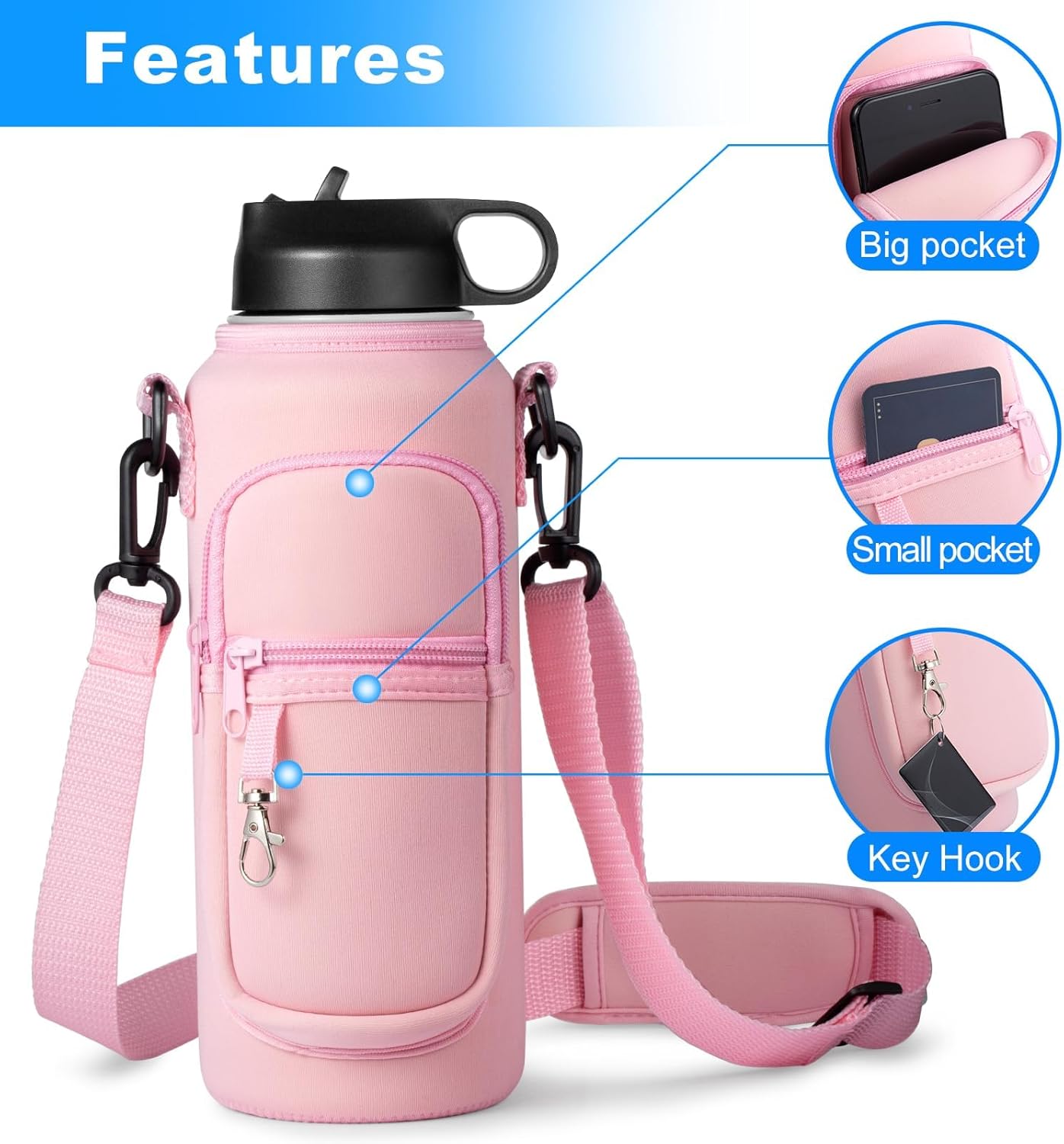 RRegeny Water Bottle Holder with Strap for Hydroflask 32oz 40oz, Carrier Sling Bag with Phone Pocket Water Bottle Sleeve for Men Women Hiking Camping Travelling
