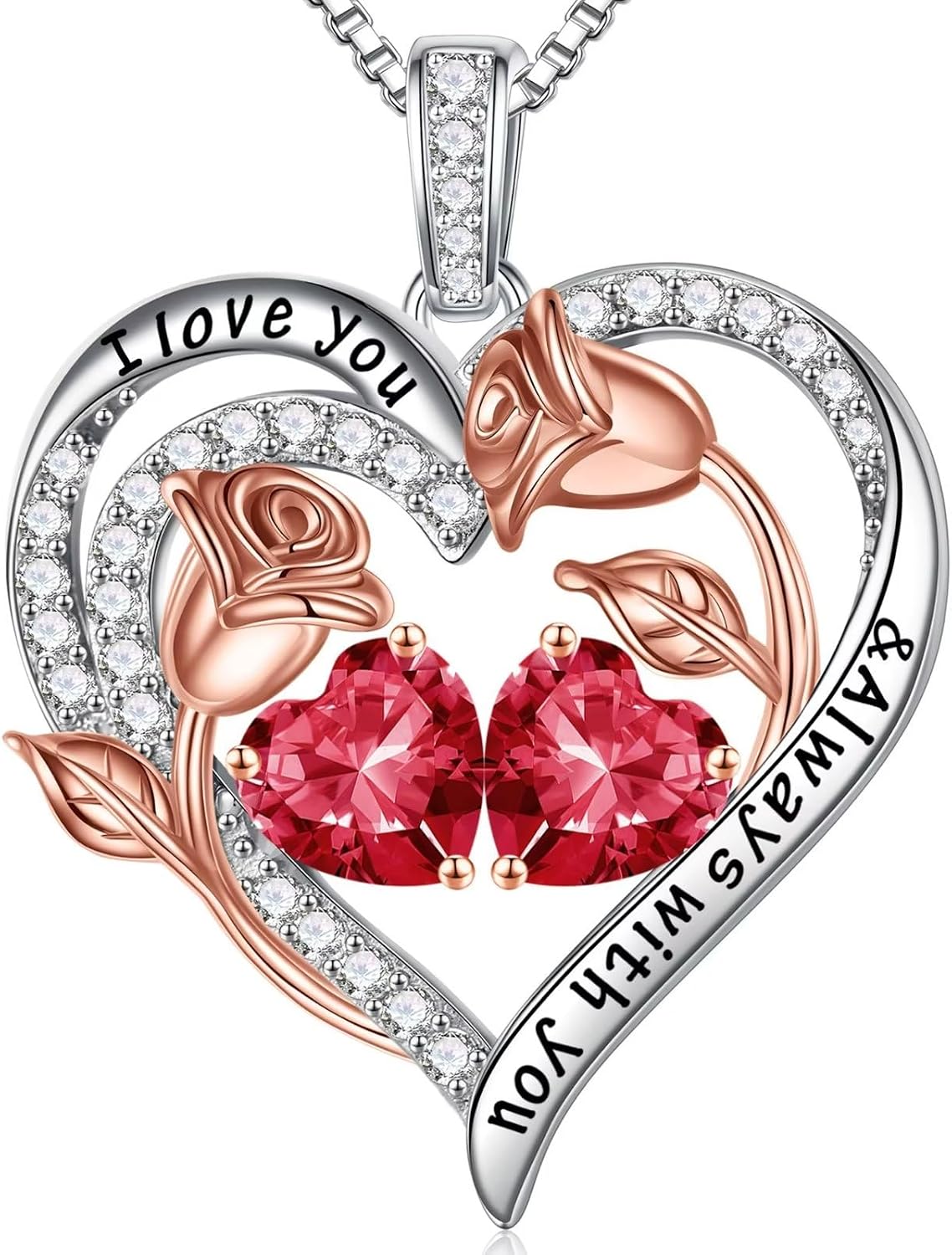 Iefil Birthstone Necklace for Women - Rose Heart Necklace