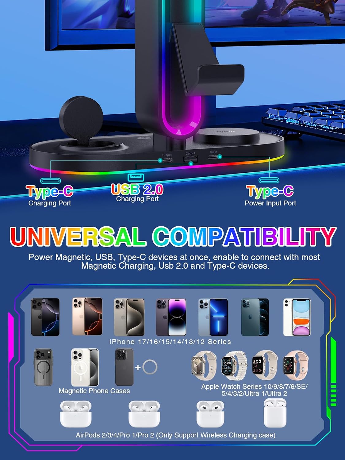 RGB Headset Stand with Wireless Charger, 8-in-1 Charging Station for iPhone, Samsung, Apple Watch Type-C/USB Ports, Gaming Headphone & Controllers Holder, Organizer for Desk Includes 20W PD Adapter