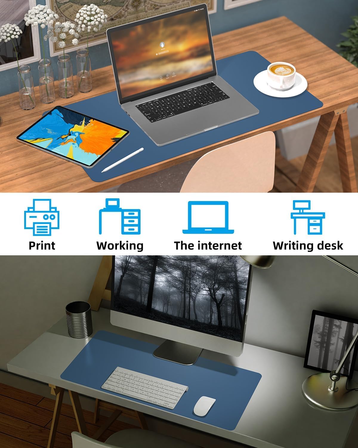 PULeather Non-Slip Desk Mat, Large Mouse Pad & Laptop Desk Pad - Waterproof Writing Pad for Office & Home (Grey Blue, 35.4" x 17")