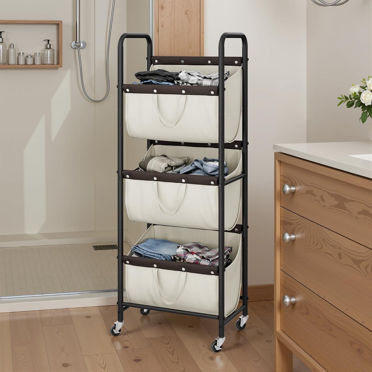 GRANNY SAYS 3 Section Tiered Laundry Sorter, Slim Vertical Laundry Hamper with Wheels, Narrow Rolling Laundry Cart with Removable Bags for Laundry Room, Bathroom, Closet, Dorm, Beige