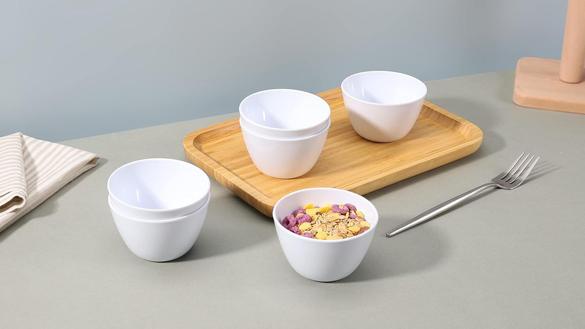 Amazon Basics Melamine Small Bowls for Sauces, Dessert, Round Serving Bowls, BPA Free, Dishwasher Safe, 8 oz, White, 6-Piece Set