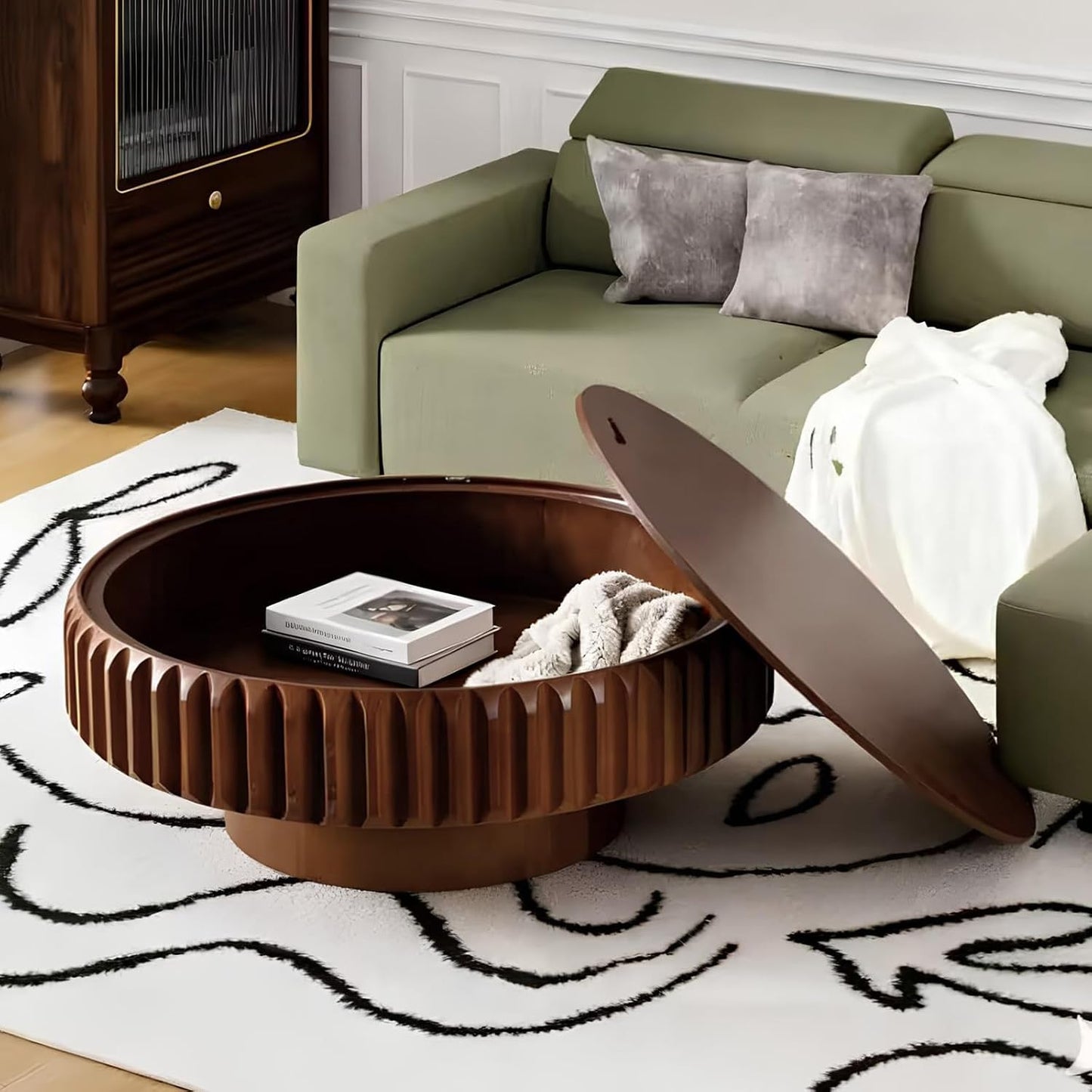 31.5" Modern Round Coffee Table (Round Black) | Contemporary Circle Fluted Center Table, Solid Wood Relief, Vintage Wooden Accent Table, For Living Room, Small Spaces
