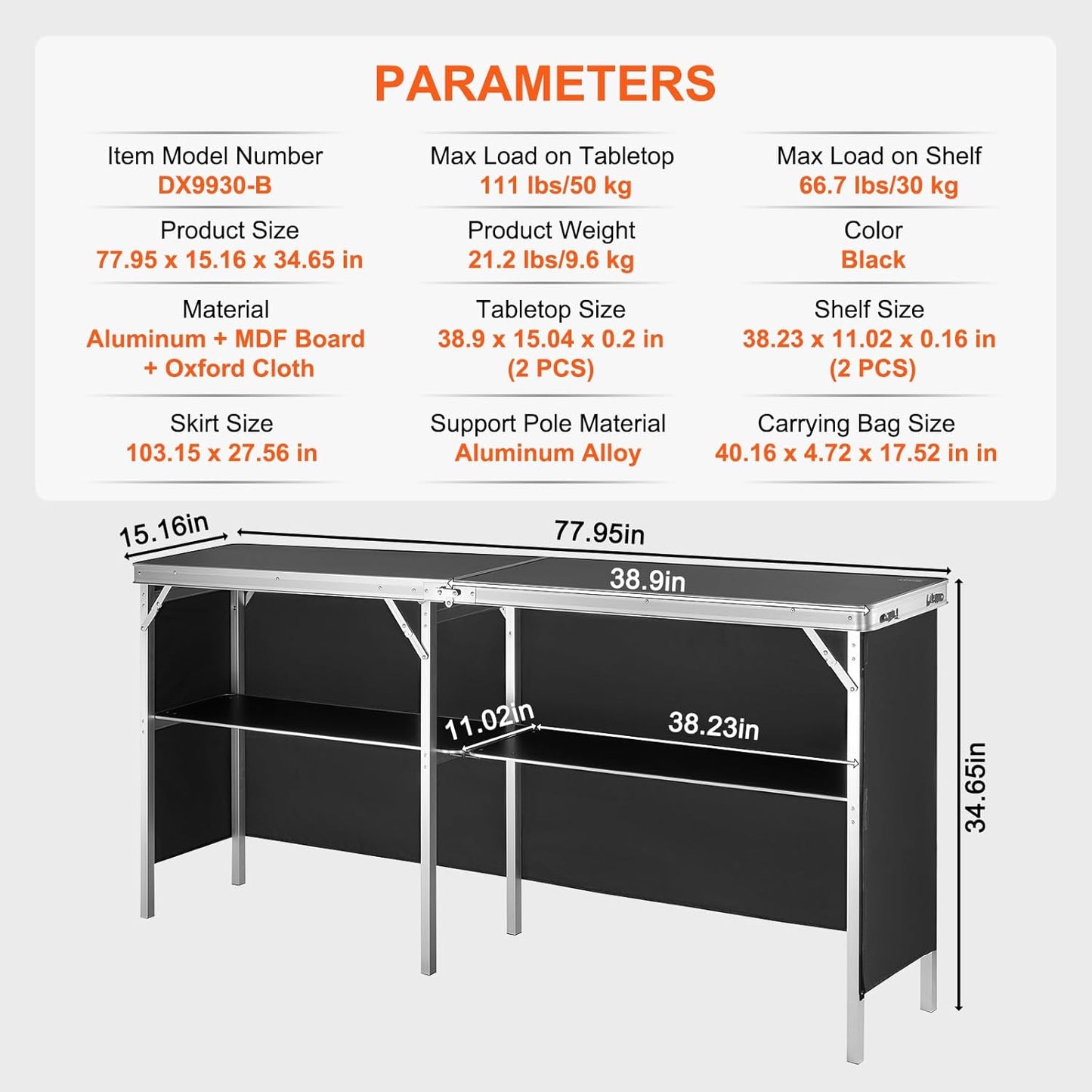 VEVOR Extra Long Folding Portable Bar Tradeshow Podium Table for Indoor, Outdoor, Party, Picnic, Exhibition, Includes Carrying Case, Storage Shelf and Black Skirt, 77.95" x 15.16" x 34.65"