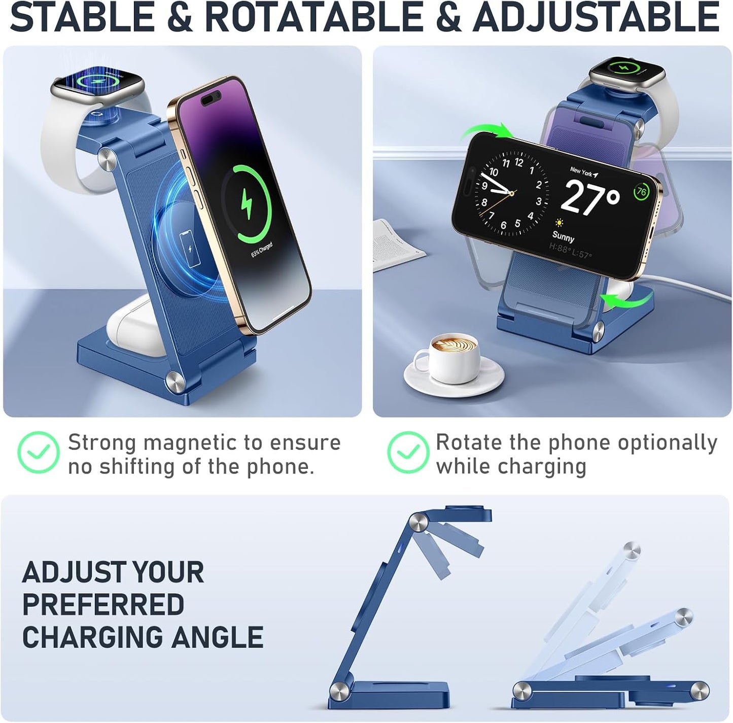 Magnetic Wireless Charger Stand, 3 in 1 Foldable Wireless Charging Station with 20W Adapter, Travel Charger for Multiple Devices for iPhone 17 16 15 14 13 12 Pro/Max/Plus/Mini, iWatch, AirPods
