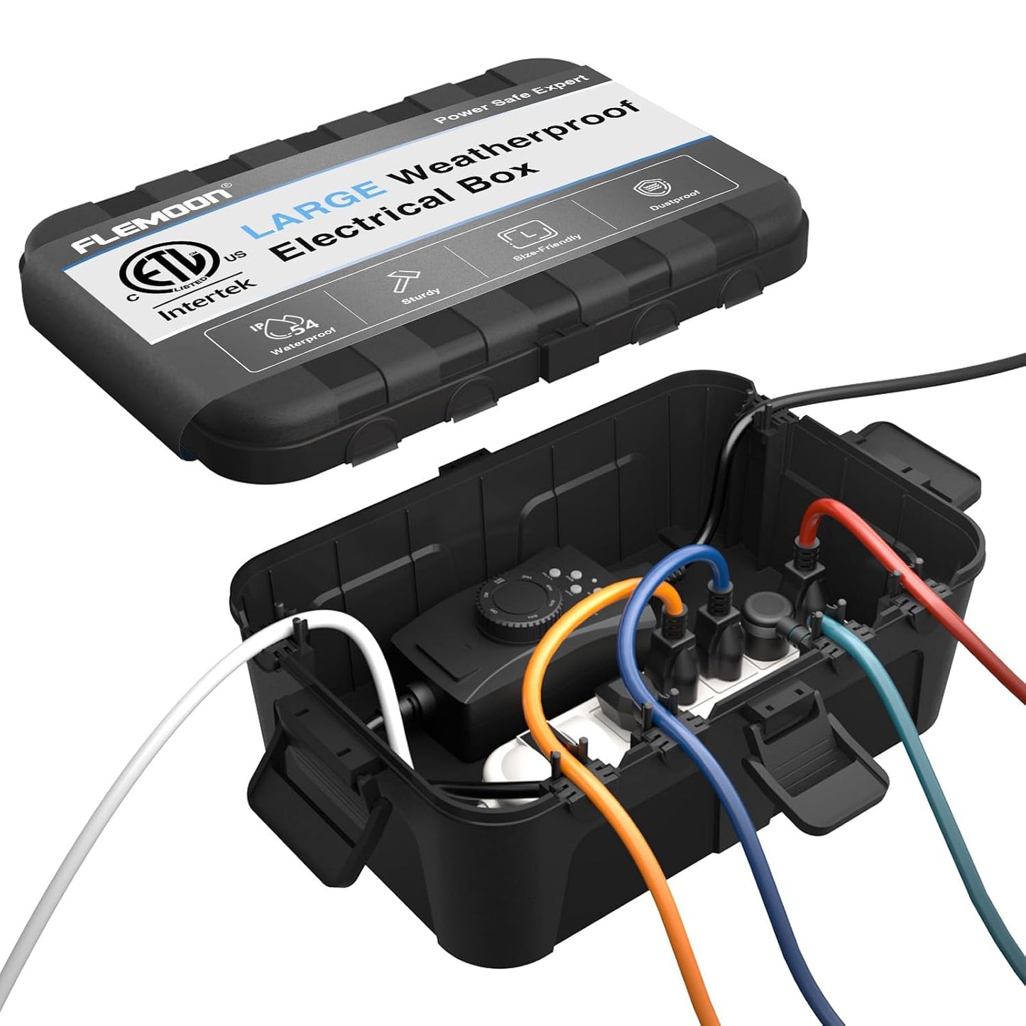 Flemoon Large Outdoor Electrical Box, Waterproof Extension Cord Cover | Inner Size 12 x 7.4 x 3.9 Inch, 6 Cable Entry Ports, IP54 Weatherproof Connection Box for Outlet, Timer, Holiday Light, Black