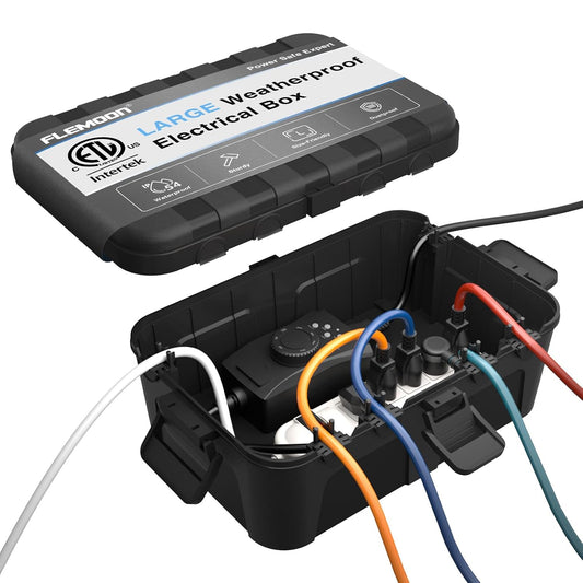 Flemoon Large Outdoor Electrical Box, Waterproof Extension Cord Cover | Inner Size 12 x 7.4 x 3.9 Inch, 6 Cable Entry Ports, IP54 Weatherproof Connection Box for Outlet, Timer, Holiday Light, Black