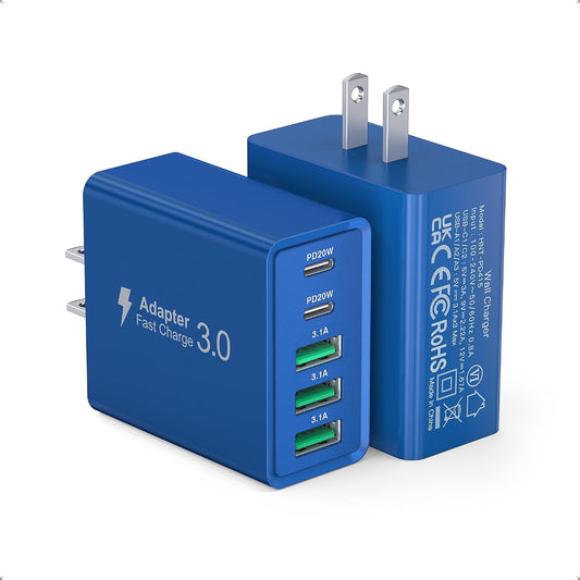 USB C Wall Charger, 50W USB C Charger Block 2-Pack 5-Port PD Fast Charging Blocks,Multiport 2USB C+3USB A Plug,Type C Power Adapter Brick Cube for iPhone 16/15/14/13,Samsung,for Switch（Dark Blue）