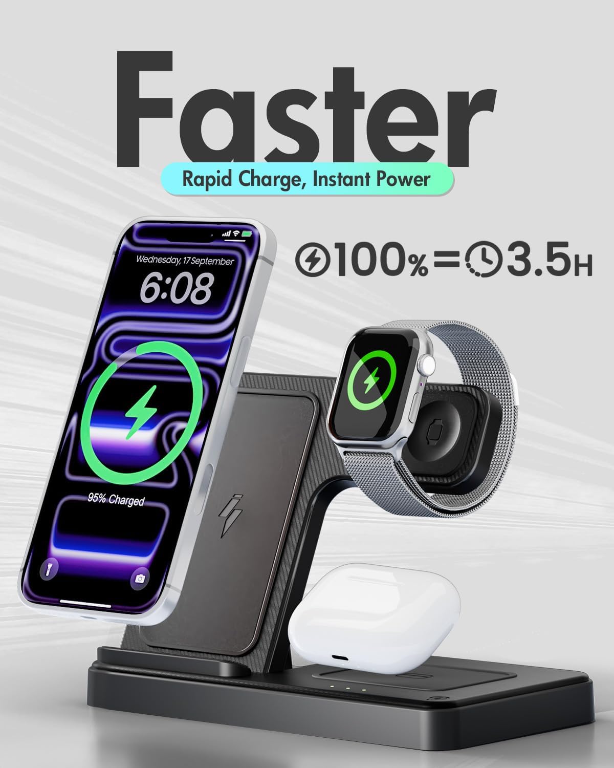 Wireless Charger iPhone Charging Station: 3 in 1 Charger Stand Multiple Devices for Apple - iPhone 17 16e 16 15 14 Pro Max 13 12 11 - Watch 11 10 9 8 7 6 5 4 3 2 SE and Ultra Series - Airpods 4 3 Pro