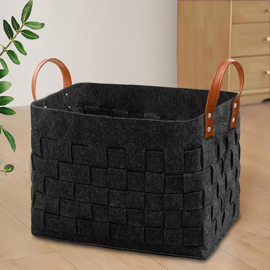boldmonkey Laundry Basket 16.5 " x13 x13 , Large Rectangular Blanket Basket with Leather Handle, Felt Storage Basket for Living Room, Nursery, Dog Toys-Dark Gray