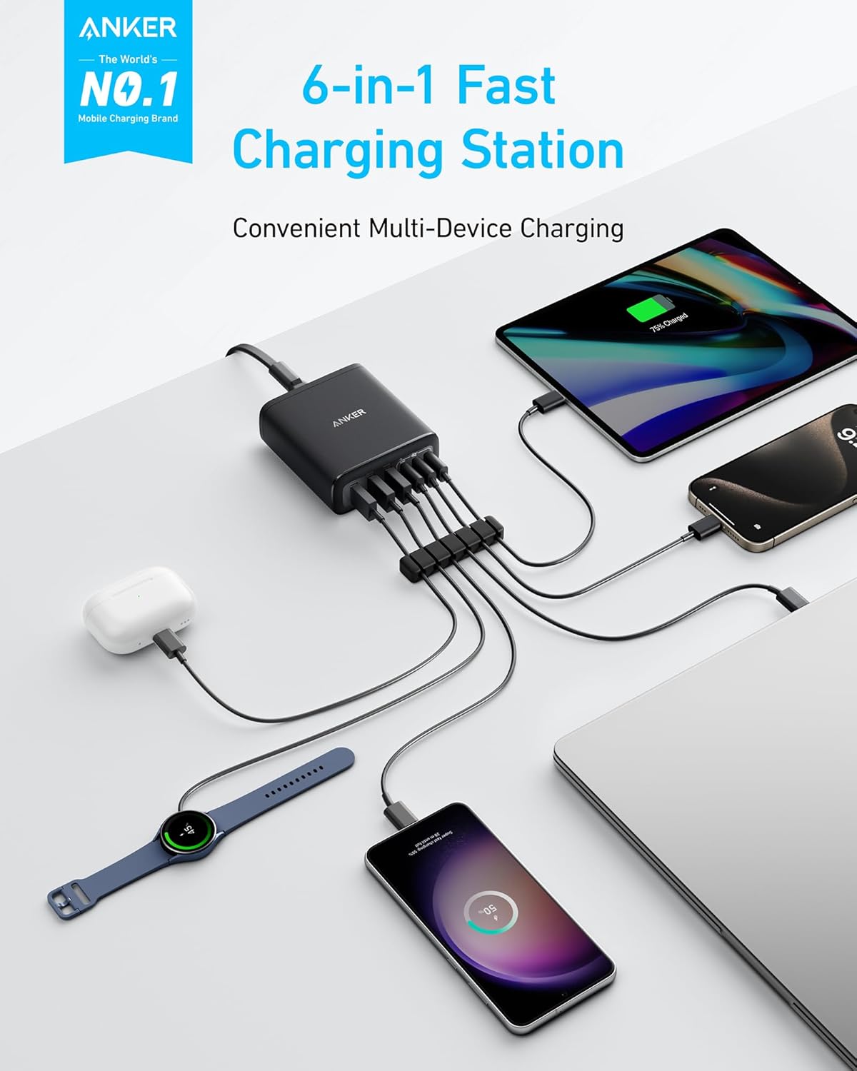 Anker Desktop Charger, Fast Charging USB C Charger with 112W Max 6-Port Desk Accessories for Home Office, Campatible with Multiple Devices, iPhone, iPad, MacBook, Galaxy and More (Cable Not Included)