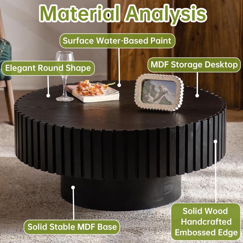 Round Fluted Coffee Table (Circle Black 31.5in) | Round Drum Coffee Table for Living Room | Modern Circular Pedestal Center Table