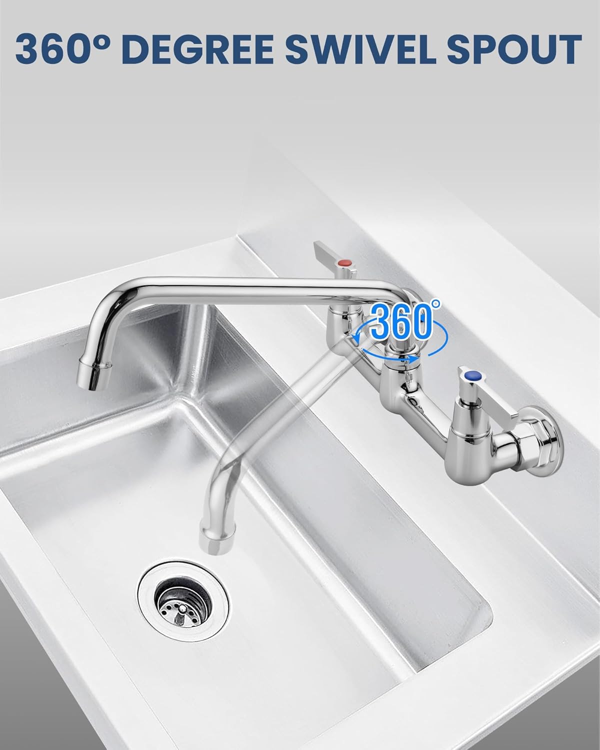 Airuida Wall Mount Commercial Kitchen Faucet,8 Inch Swivel Spout,8 Inch Center Utility Sink Faucet with Dual Handles,Solid Brass 360° Swivel Spout,Commercial Sink Faucet for Kitchen Laundry,Chrome
