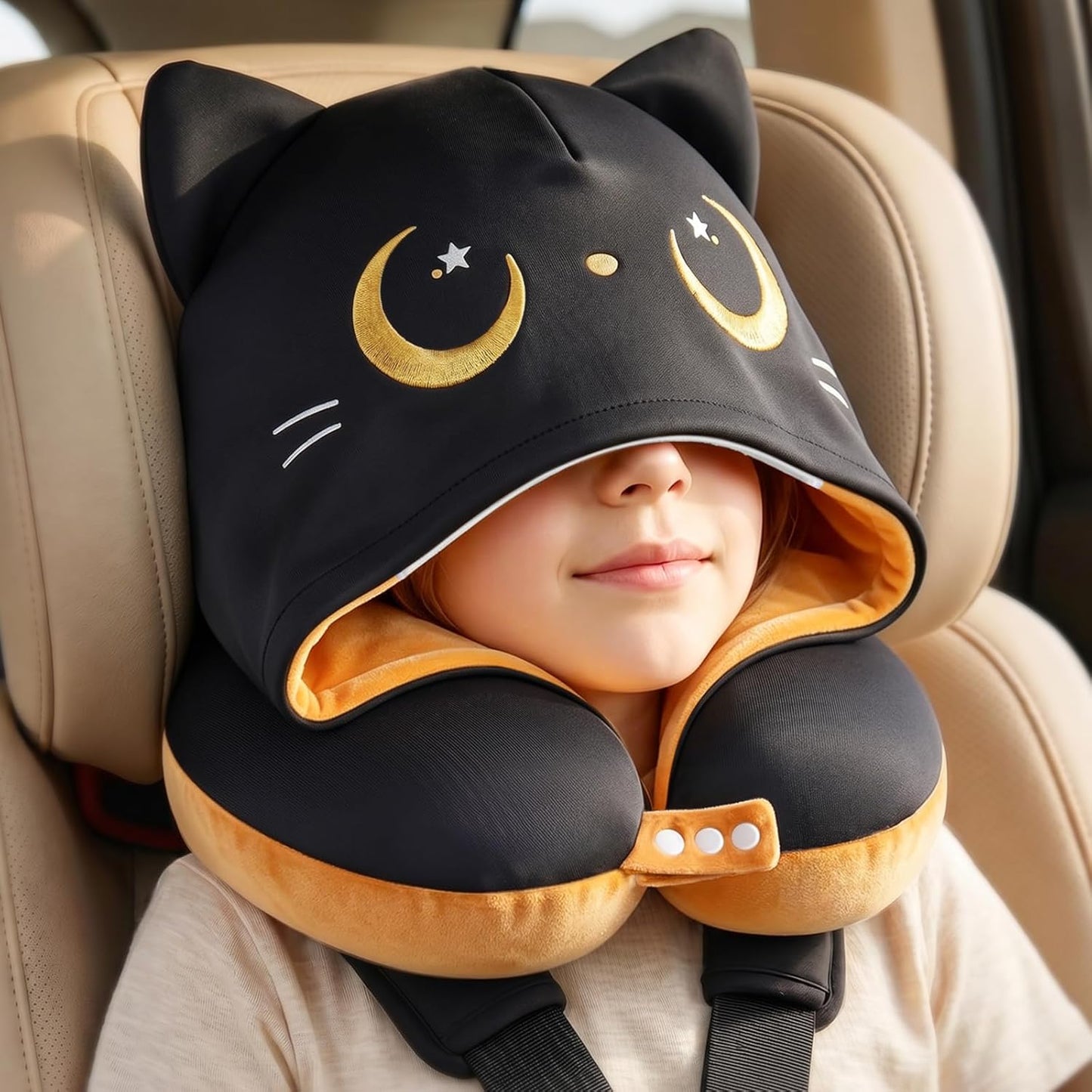 Certified to ASTM & CPSIA Standards–Kids Travel Neck Pillow with Hood,Memory Foam Airplane Pillow,Double-Sided, Cute Design, Cooling Ice Silk & Soft Plush, Adjustable, Portable & Washable for Flights