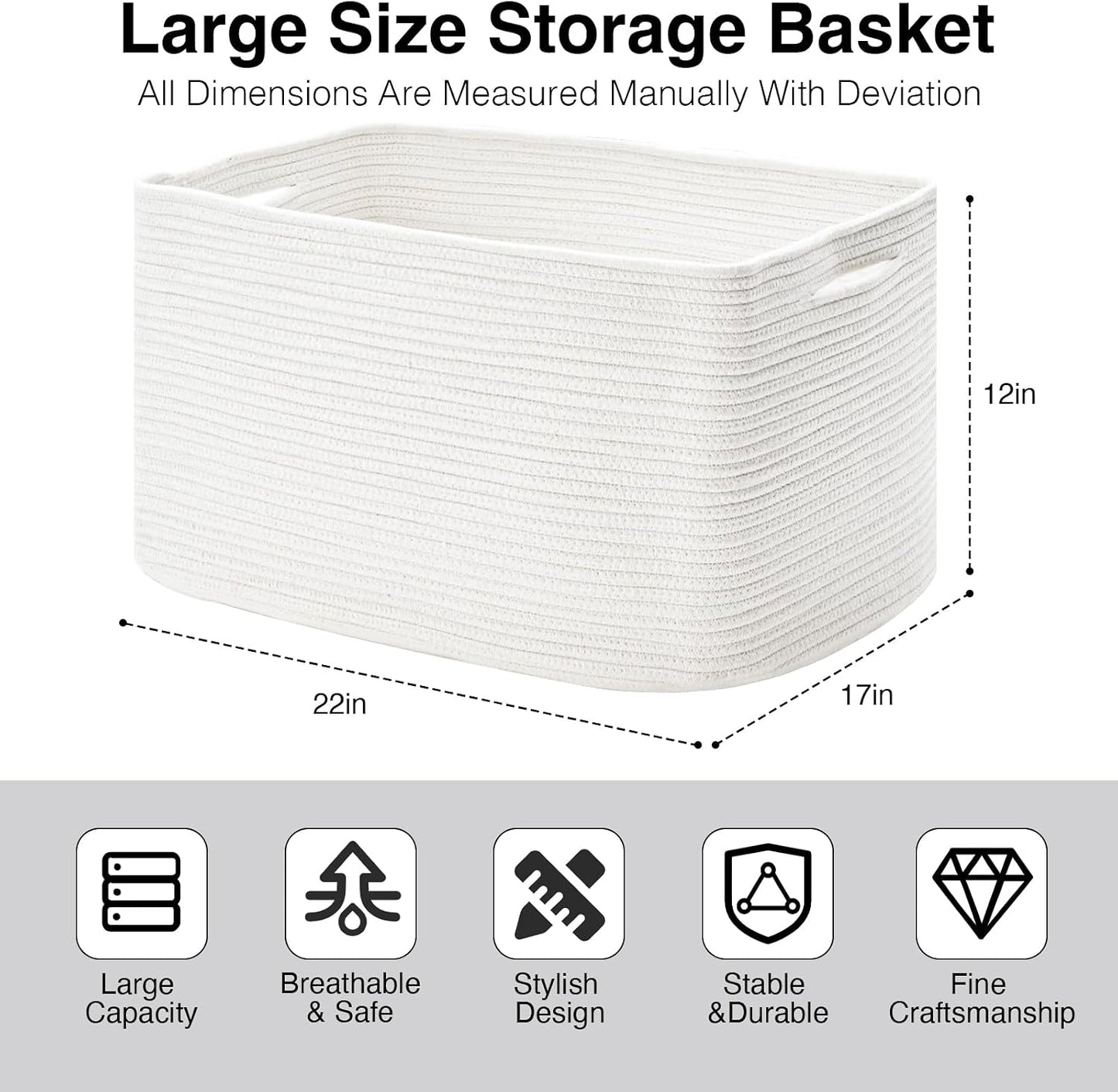 ICERZCZ Large Rectangle Blanket Basket, Large Storage Basket, Cotton Rope Woven Baskets for Storage with Handles, Toy Baskets for Baby Nursery Living Room Bedroom, 22”x17”x12”, White, 75L