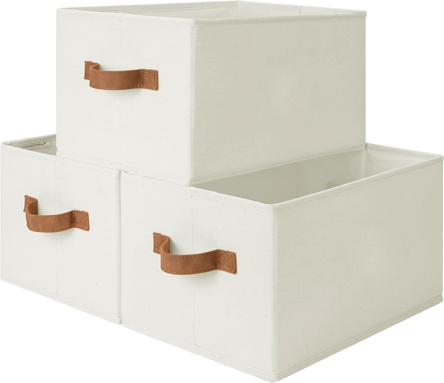 StorageWorks Closet Storage Bins with PU Handles, Ivory White, Large | Closet Organizers and Storage Bins, Foldable Shelf Baskets, Clothes Storage Basket for Organization