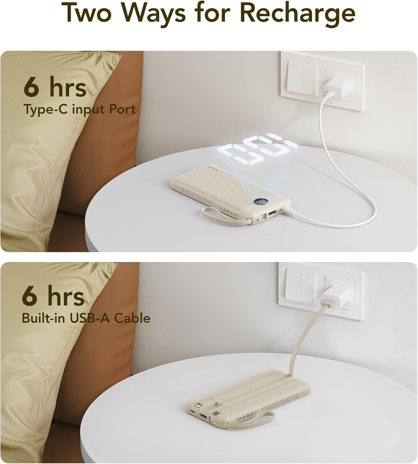 VRURC Portable Charger Power Bank,10000mAh Travel Essentials Battery Pack, 5 Outputs 2 Inputs Slim USB C Charging Bank Built-in 4 Cables for All Cell Phones, Samsung,Android-Light Coffee(1 Pack)