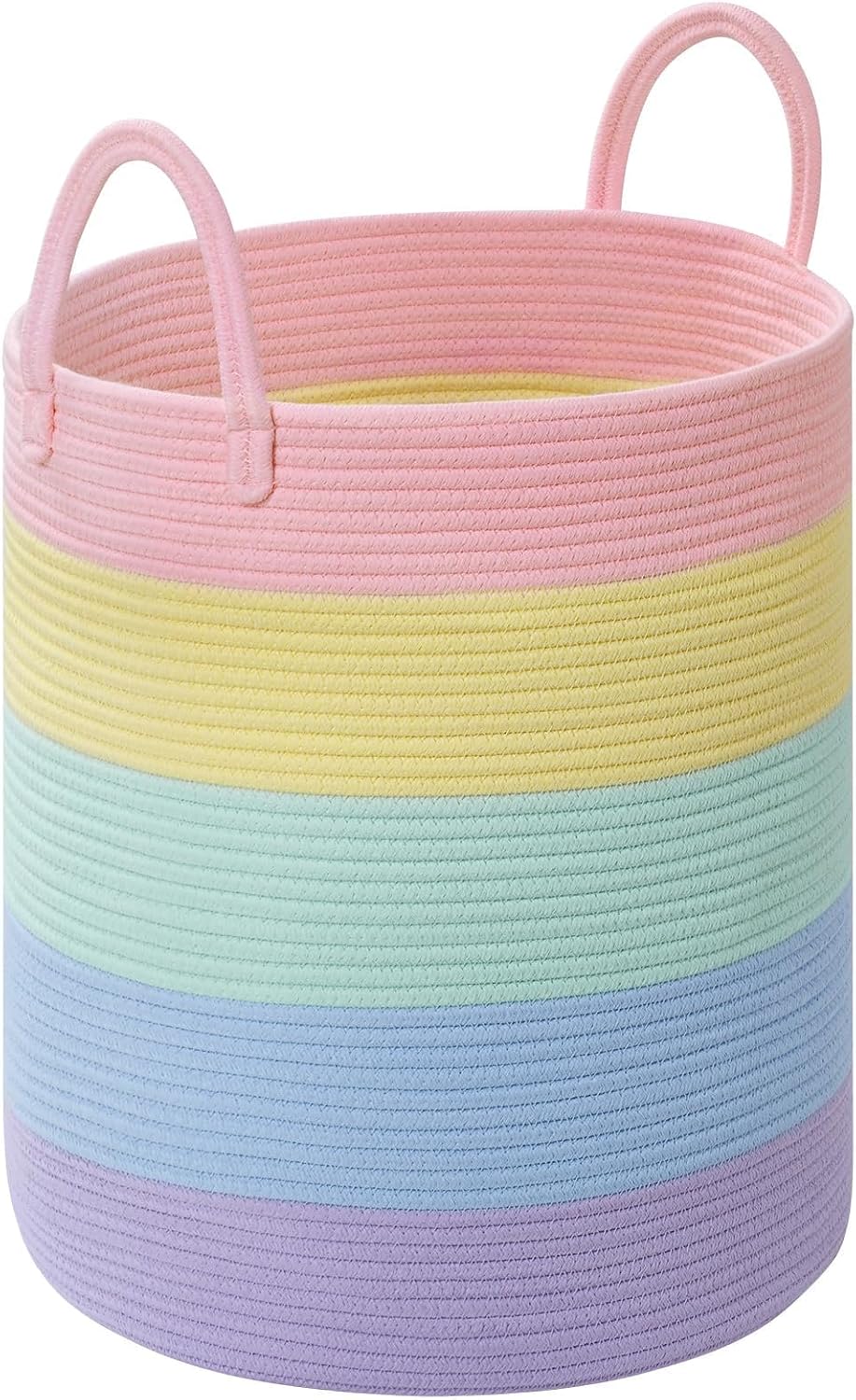 Laundry Hamper for Organizing, 52L Large Laundry Baskets, Cotton Rope Woven Blanket Basket, Collapsible Laundry Hamper for Living Room, Nursery, 15"×18", Light Rainbow