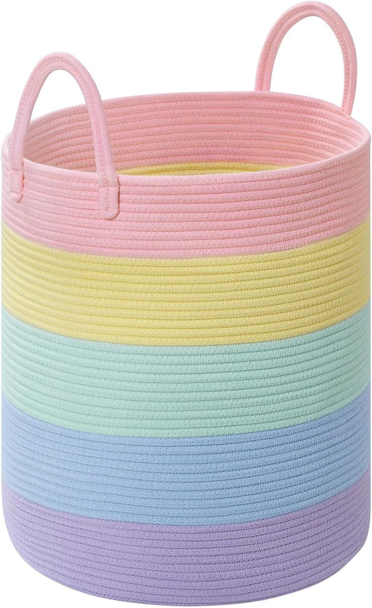 Laundry Hamper for Organizing, 52L Large Laundry Baskets, Cotton Rope Woven Blanket Basket, Collapsible Laundry Hamper for Living Room, Nursery, 15"×18", Light Rainbow