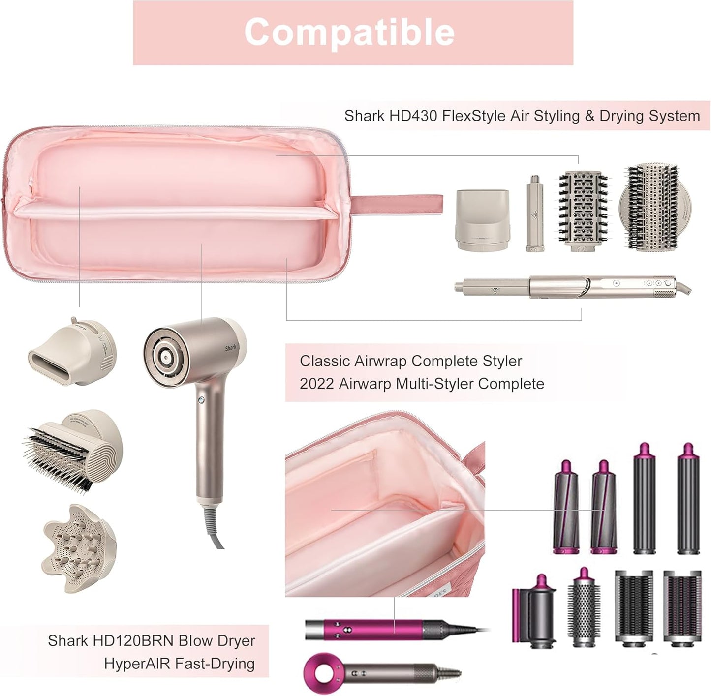 Leudes Hair Tools Travel Bag for Shark Flexstyle Carrying Case Portable Shark Hair Air Wrap Dryer Case Waterproof Dustproof Flat Curling Iron Travel Organizer (Dark Pink)