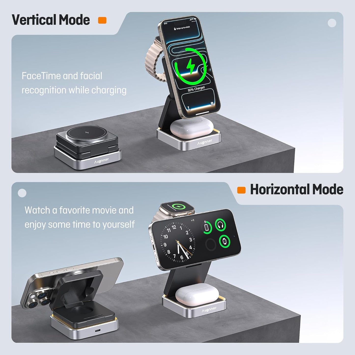 【2026 Upgraded】 Wireless Charger 3 in 1, Foldable Wireless Charging Station with Light for Apple Magnetic Charger, Travel Magnetic Charger Stand, Nightstand Fast 15W Charging Station (20W Adapter)