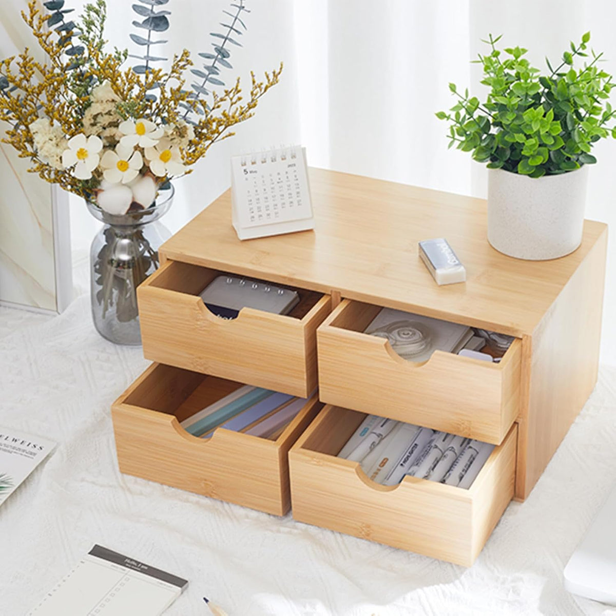 Bamboo Desk Organizer 4 Drawers, Countertop Organizer with Drawers Makeup Storage Drawer 4 Drawers Tabletop Storage Organization Box Home Office Workspace
