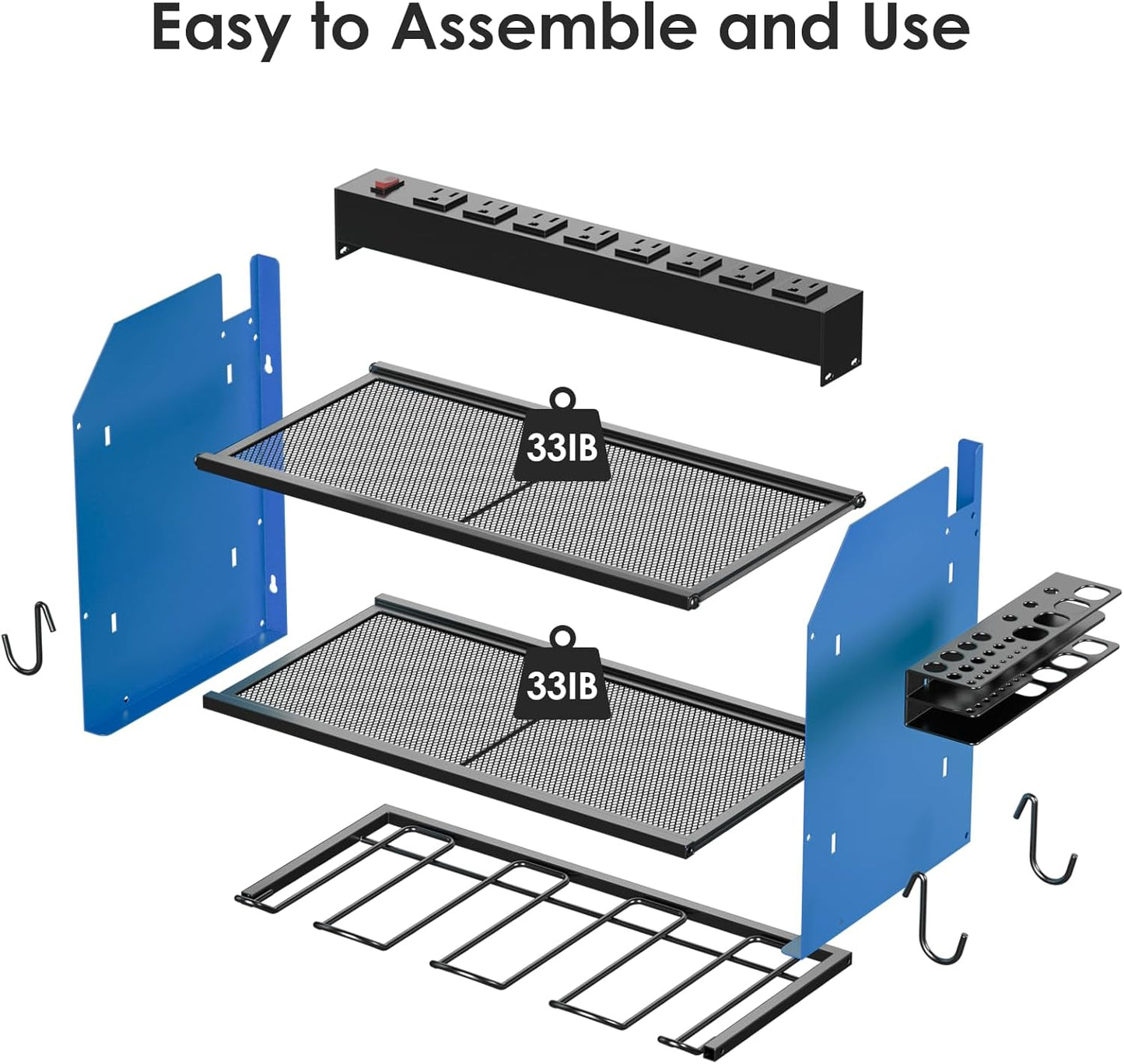 CCCEI Modular Power Tool Organizer Wall Mount with Charging Station. Garage Drill Storage Shelf with Hooks, Heavy Duty Rack, Tool Battery Holder Built in 8 Outlet. Gift for Men. Blue, 1 Pack.
