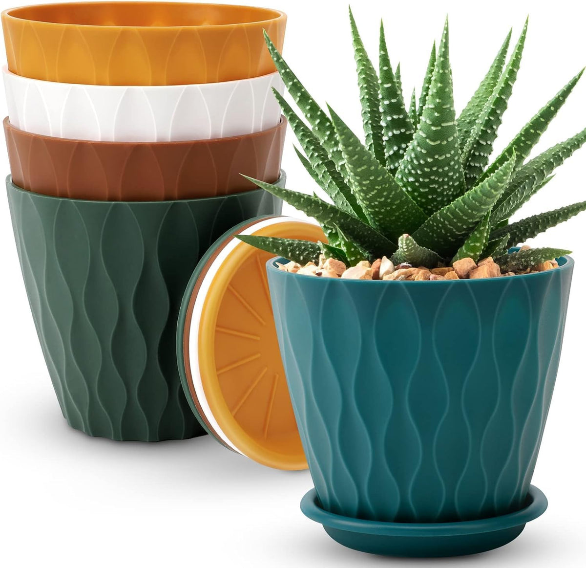 YNNICO 4 inch Plant Pots, 5 Pack Flower Pots Outdoor Indoor, Planters with Drainage Holes and Tray Saucers（White）