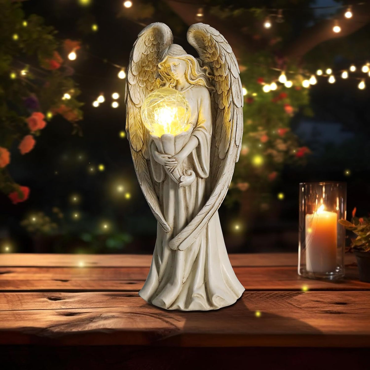 Garden Angels Outdoor Statue, Solar Angel with Crackled Glass Globe Outdoor