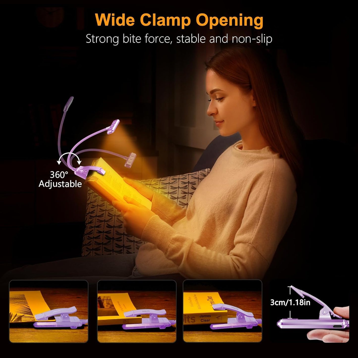Gritin 19 LED Rechargeable Book Light for Reading in Bed with Memory Function- Eye Caring 3 Color Temperatures,Stepless Dimming Brightness,90 Hrs Runtime Clip on Light for Book Lovers-Purple