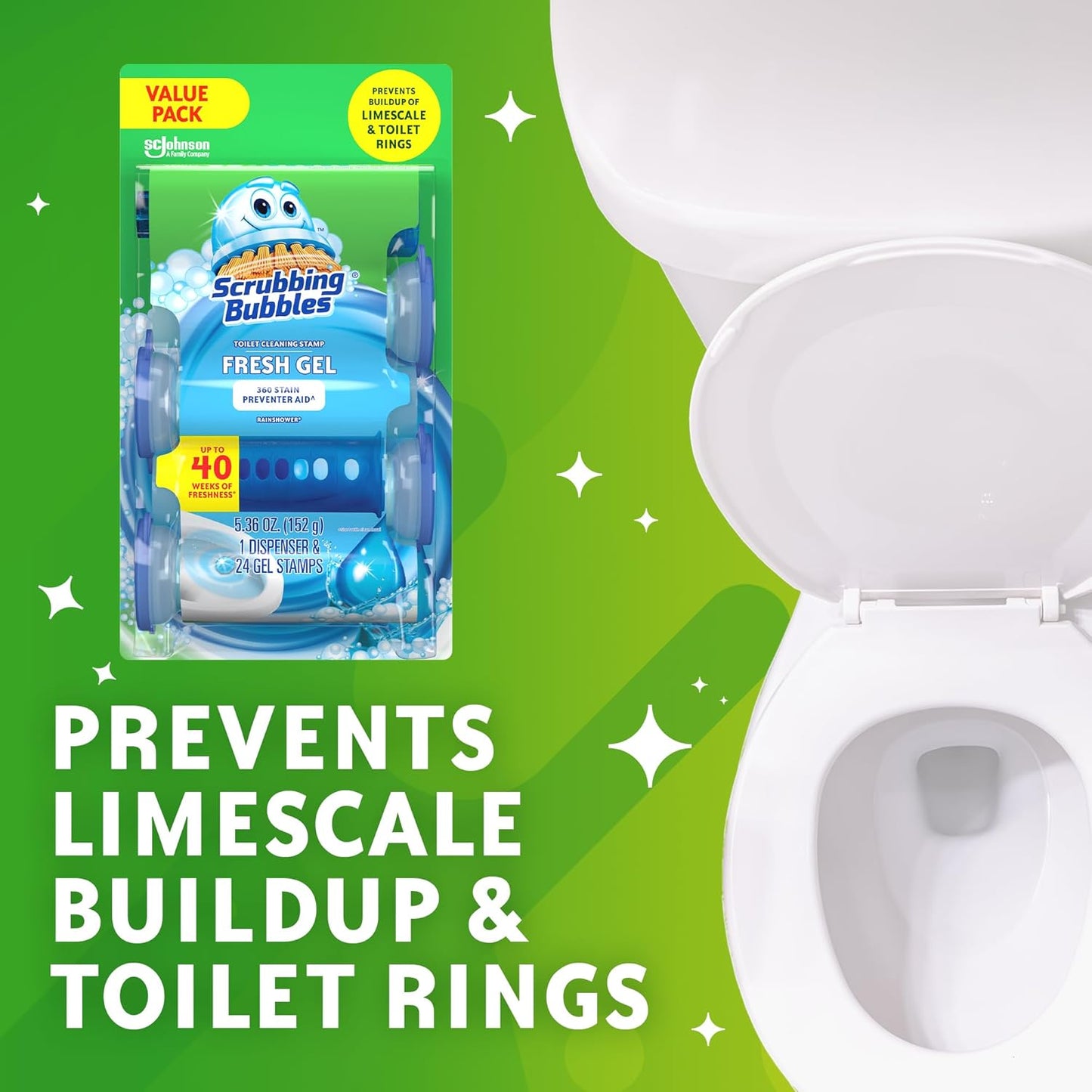 Scrubbing Bubbles Fresh Gel Toilet Bowl Cleaning Stamps, Helps Keep Toilet Clean and Helps Prevent Limescale & Rings, Rainshower Scent, 1 Dispenser with 24 Fresh Gel Stamps